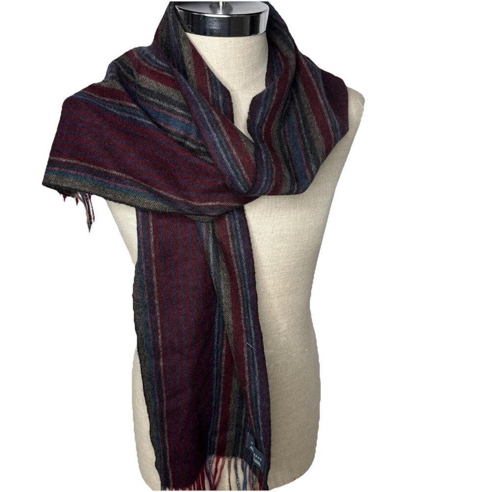 MARCHBRAE 100% Wool Scarf 64" x 11" Maroon Blue Striped Fringe Made in Edinburgh